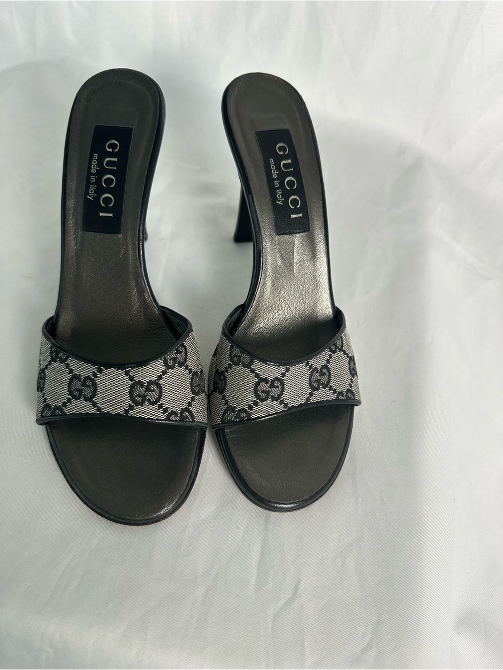 Vintage Gucci GG Monogram Canvas Heeled Mules Slides Black 6.5B Made in Italy - Picture 1 of 14